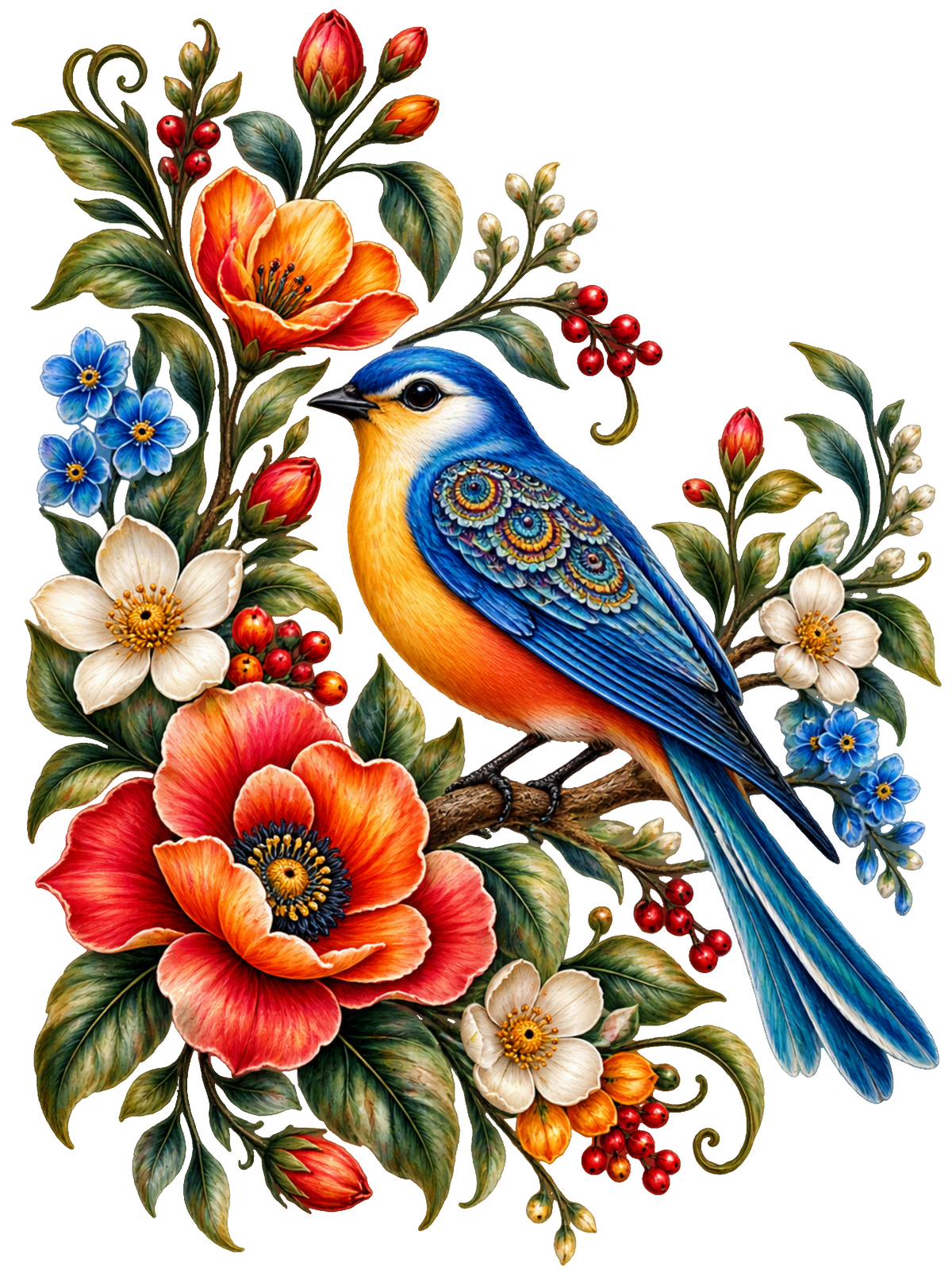 Nordic Floral Bird DTF transfer design