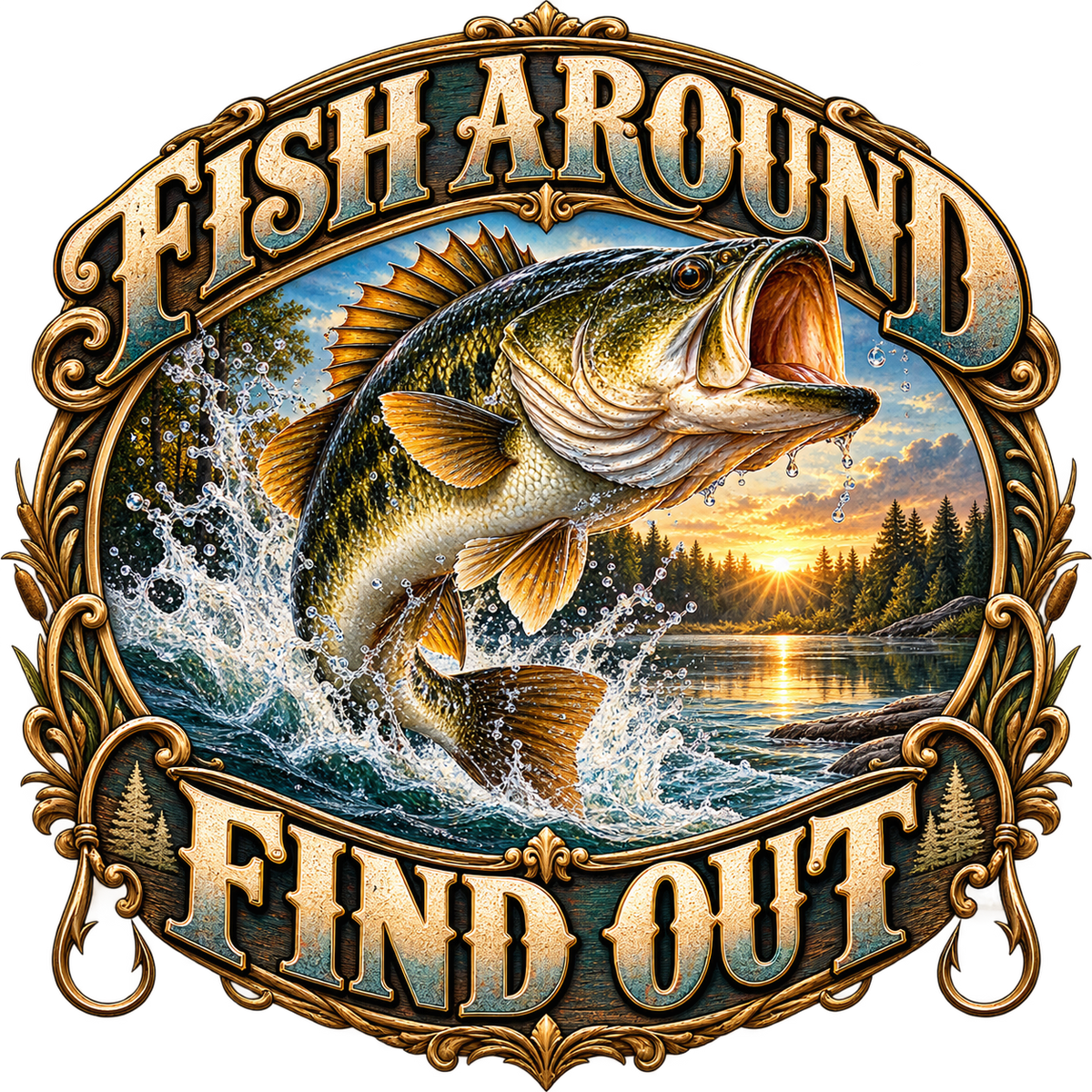 Fish Around Find Out Ornate Bass Emblem DTF transfer