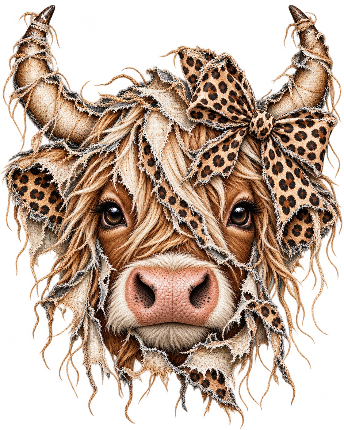 Highland Cow Bursting Through Leopard DTF transfer