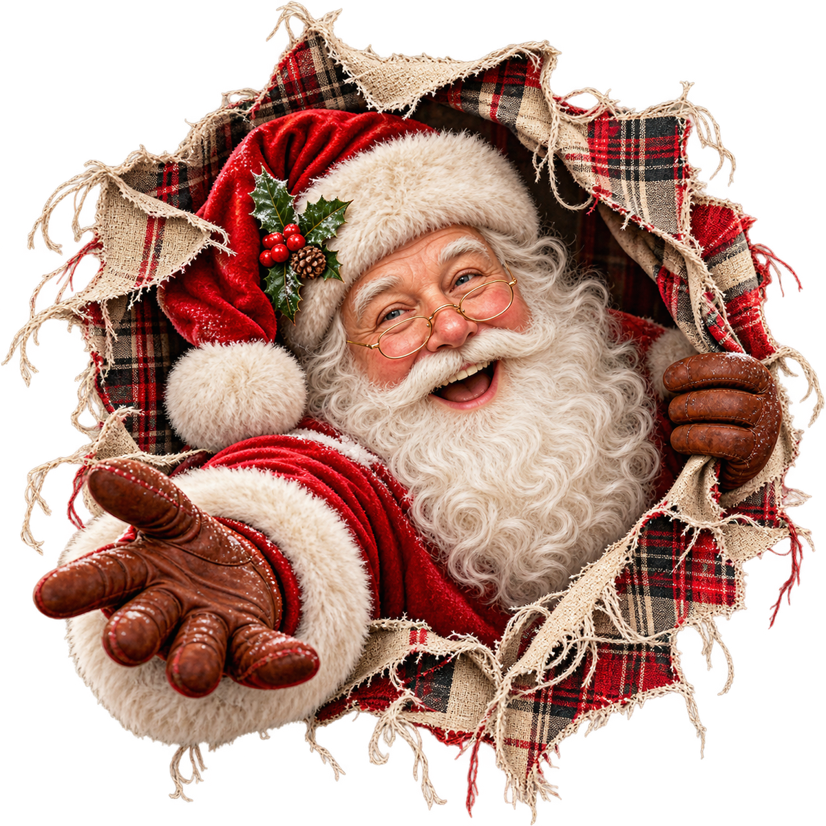 Santa Bursting Through Plaid DTF transfer