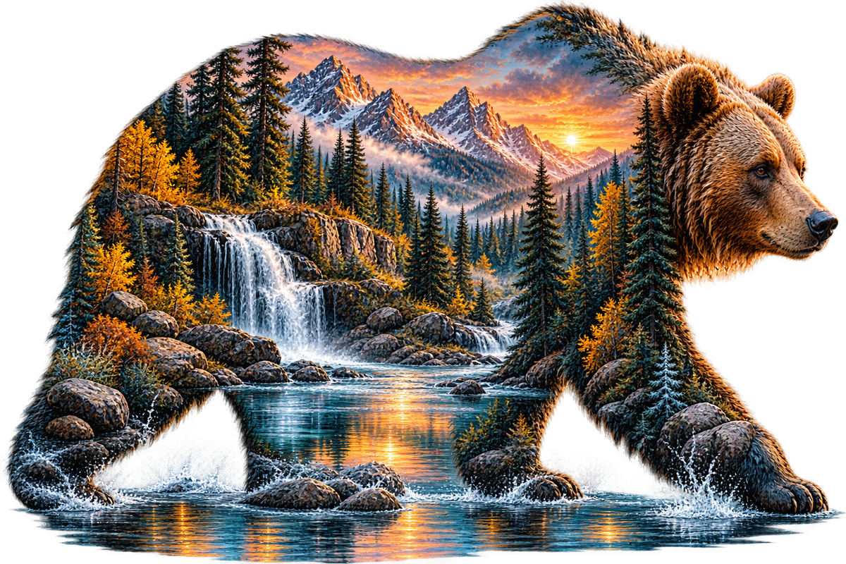 Sunset Wilderness Bear Double Exposure DTF transfer