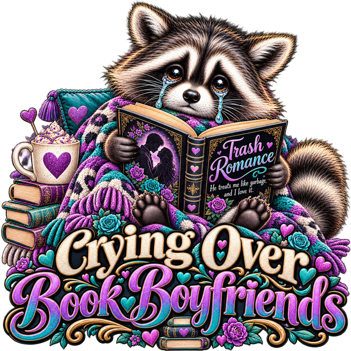 Crying Over Book Boyfriends Raccoon Purple DTF transfer