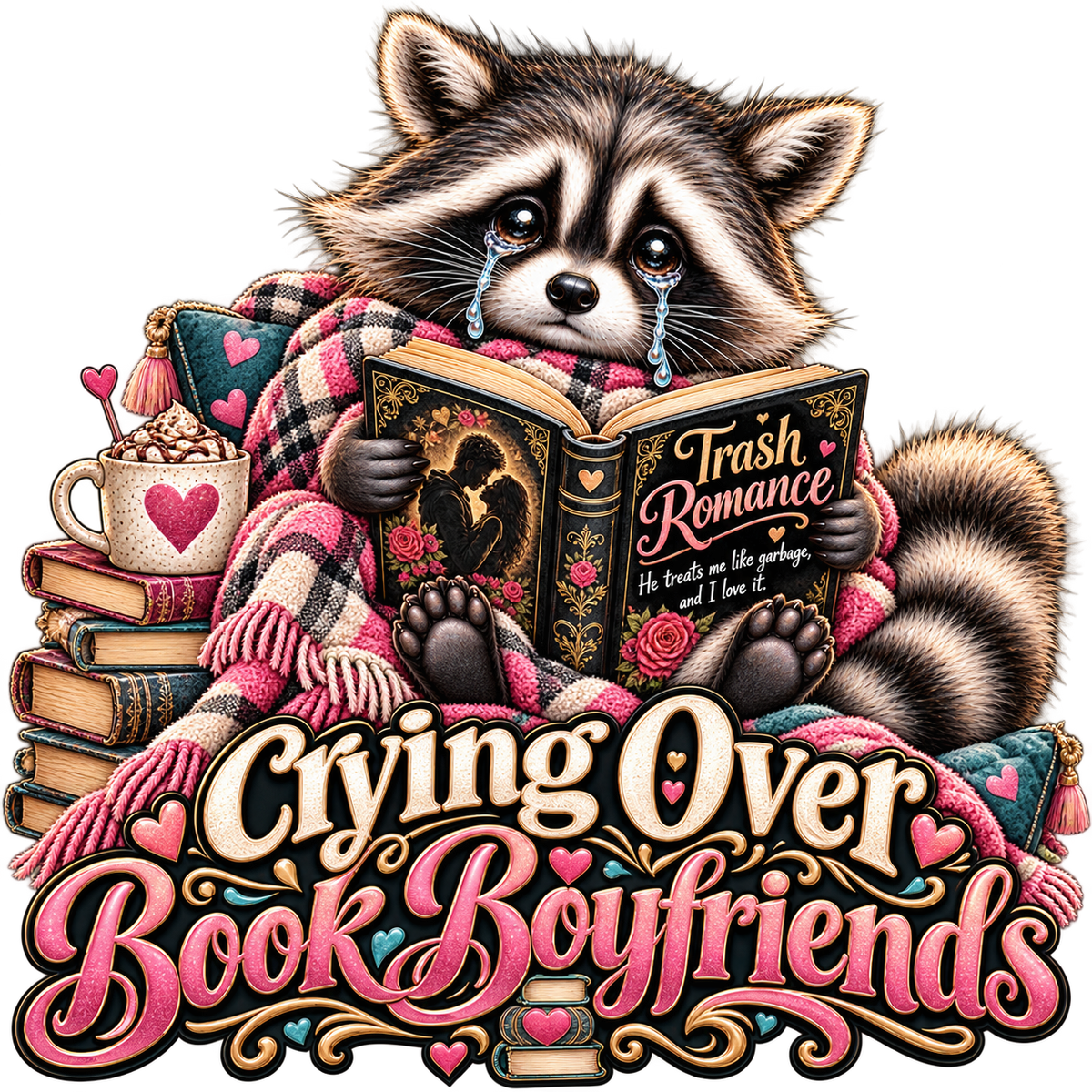 Crying Over Book Boyfriends Raccoon Pink DTF transfer