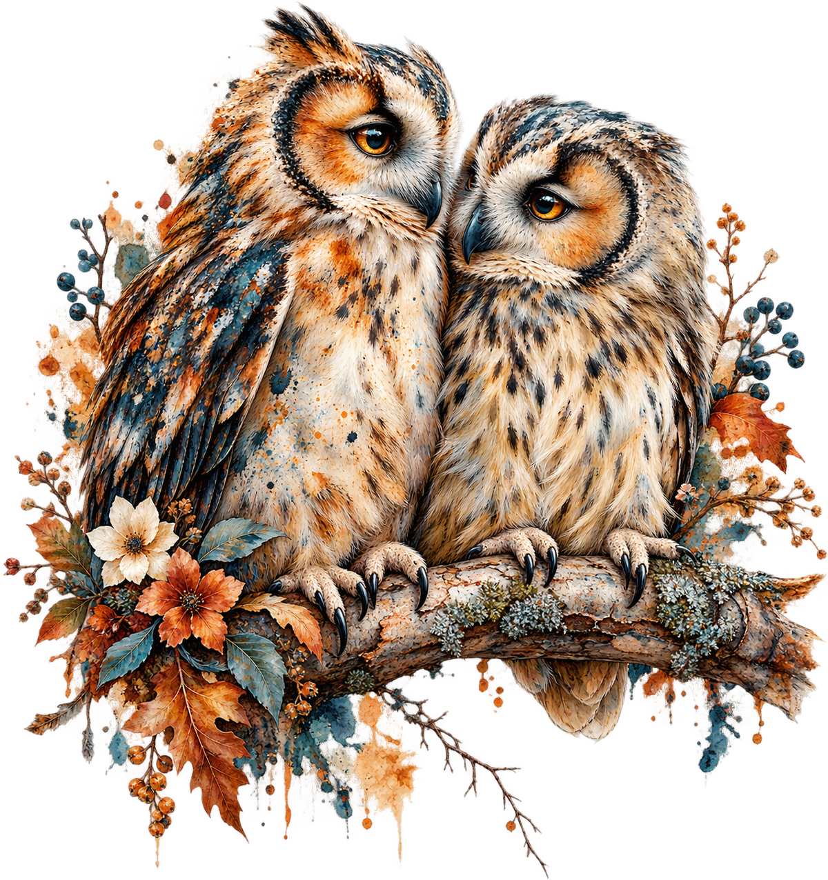 Autumn Owls on a Branch DTF transfer