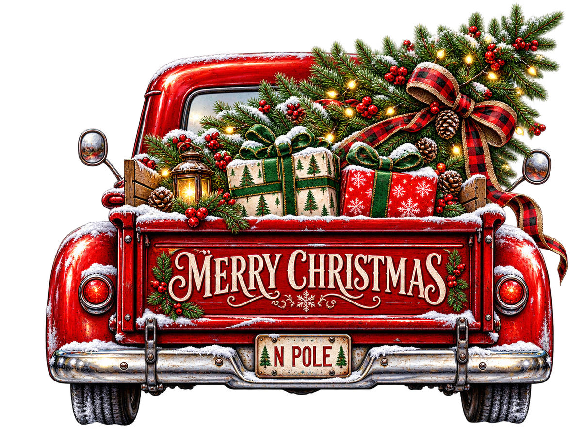 Vintage Red Truck Merry Christmas Tailgate DTF transfer