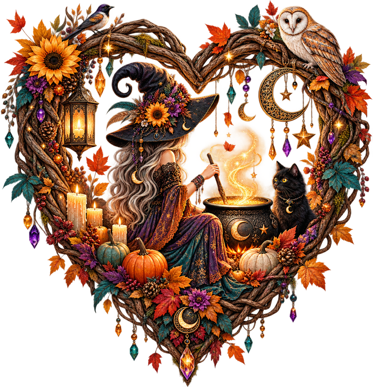 Autumn Witch Heart Wreath DTF transfer