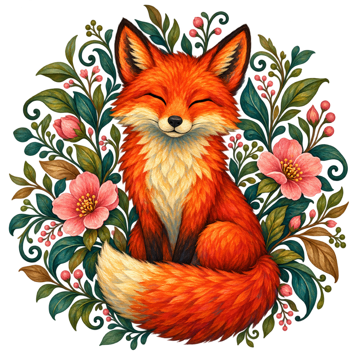 Whimsical Fox Botanical Wreath DTF transfer