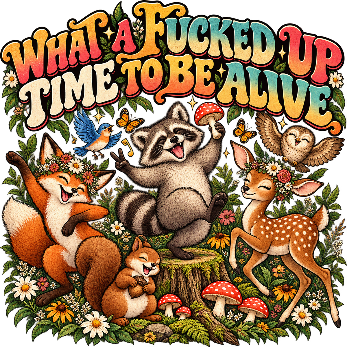 What a F*cked Up Time to Be Alive Woodland Critters DTF transfer
