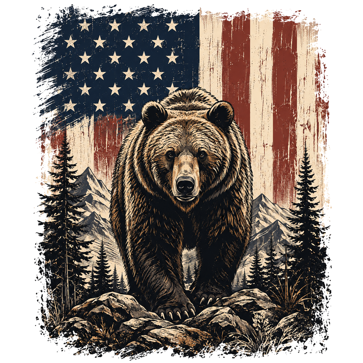 Patriotic Grizzly Bear Flag DTF transfer