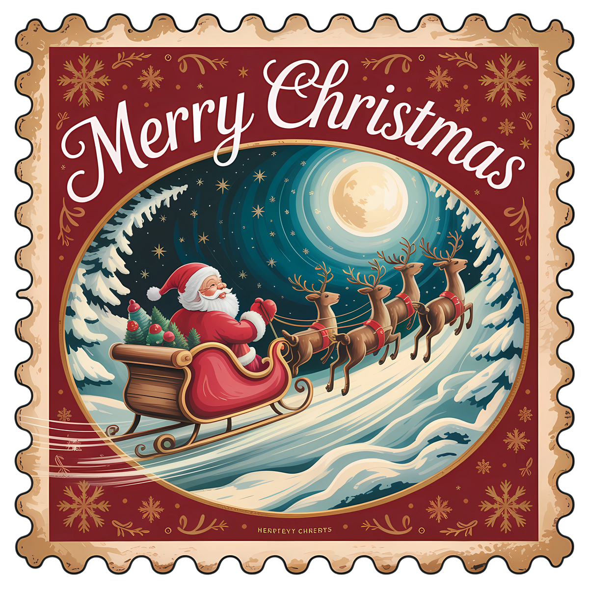 Santa's Sleigh Merry Christmas Stamp DTF transfer