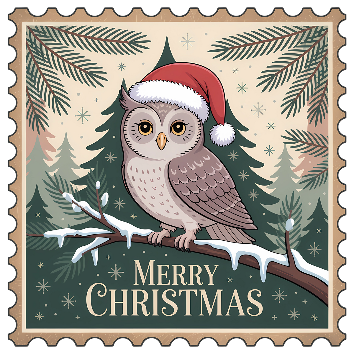 Owl on a Branch Merry Christmas Stamp DTF transfer