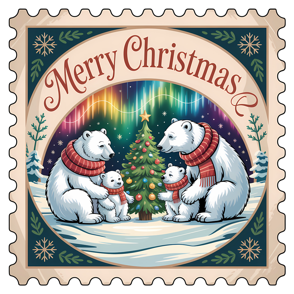 Northern Lights Polar Bear Family Christmas Stamp DTF transfer